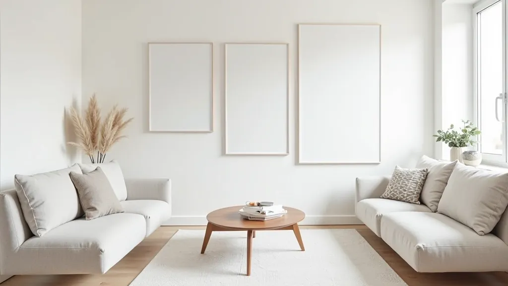 Malý obývací pokoj s minimalistickým nábytkem a mnoha zrcadly na stěnách